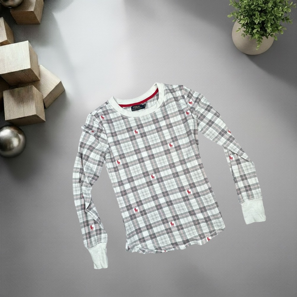Polo Ralph Lauren Plaid Thermal Long Sleeve Shirt XS White Grey Red Y2K‎ Pony